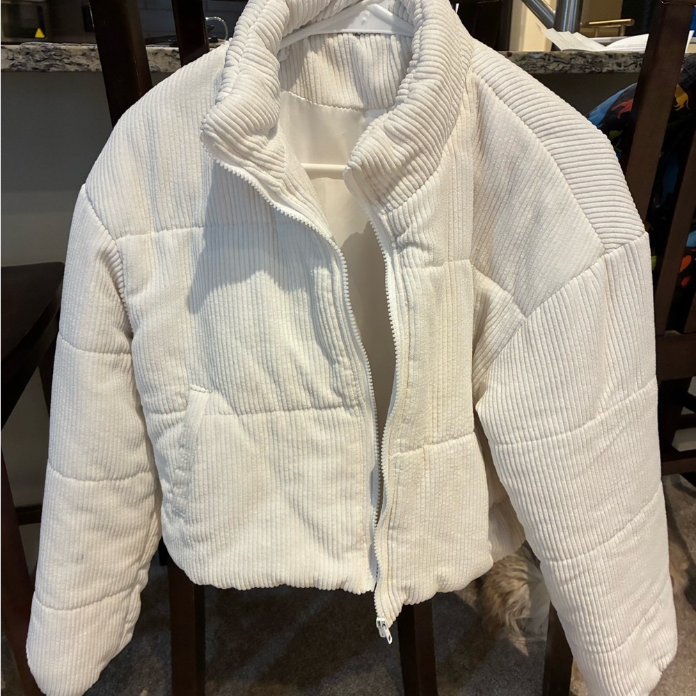 SHEIN White Corduroy Cropped Puffer Jacket